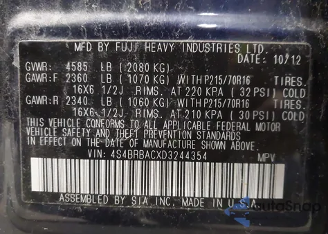 2013 Subaru Outback 2.5I from USA, damaged, VIN 4S4BRBACXD3244354